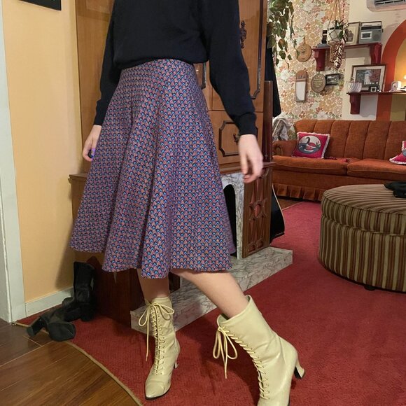 1980s handmade blue and purple print circle skirt with pockets! - Picture 6 of 14